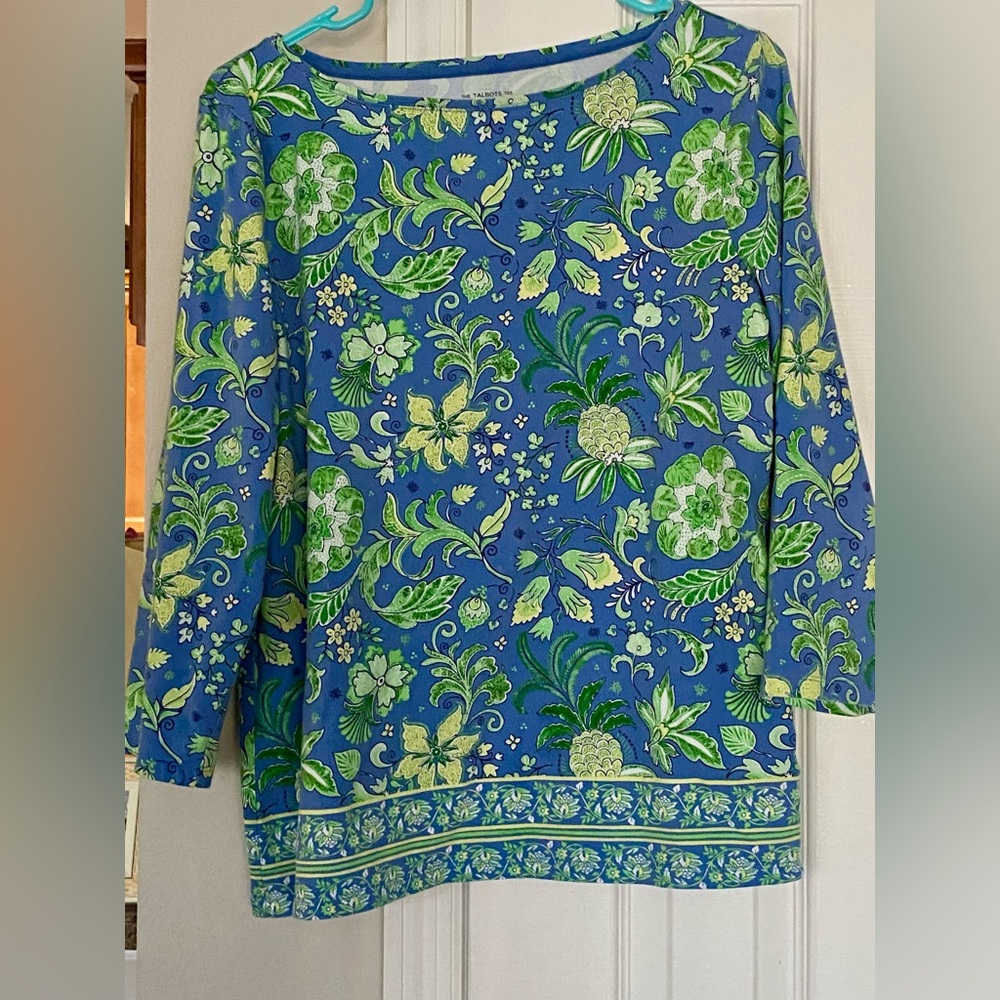 The Talbots Tee,  Blue, Green & Yellow Floral Print. Size L Good Cond. Long Slve